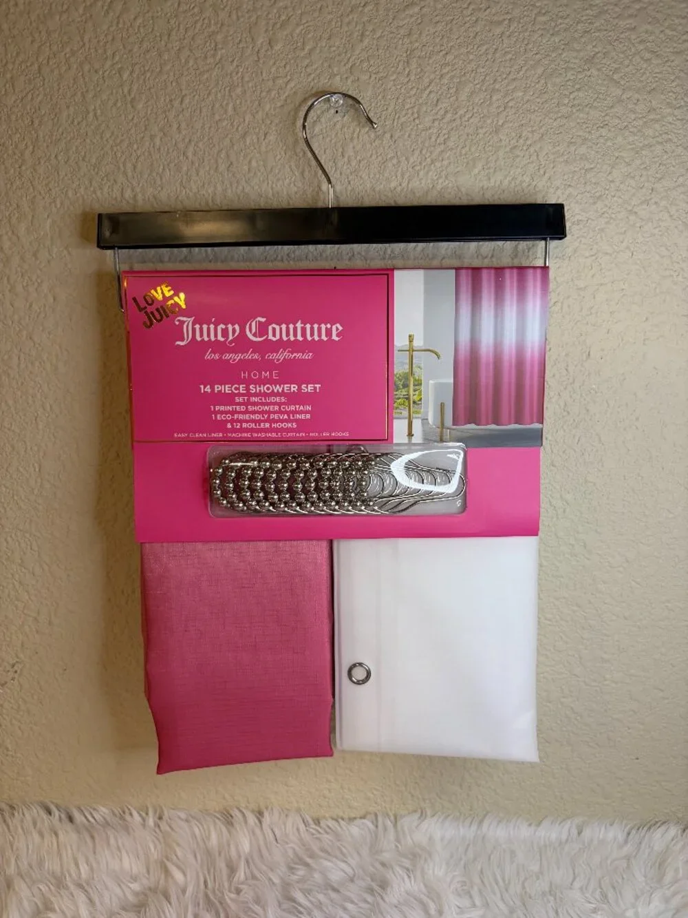 Juicy Couture Hot Pink Ombre Shower Curtain Set Liner Hooks 14 Pc NWT